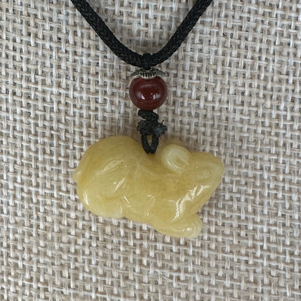 Yellow Jade Rat Carving Pendant Necklace on Black Adjustable Rope - Picture 5 of 16